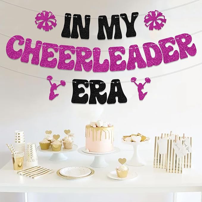 In My Cheerleader Era Banner Cheerleader Birthday Party Decoration Cheers Sport Gymnast Party Decoration Gym Theme Birthday Bachelorette Anniversary Party Supplies Black Rose Red Glitter