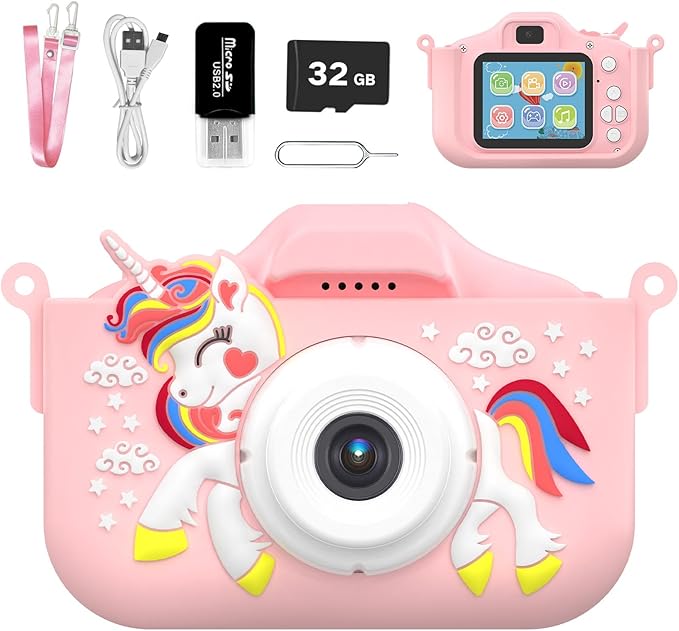Kids Camera for 3-9 Year Old Boys Girls, Children Digital Camera with Cute Cartoon Soft Cover & 32GB SD Card, Best Christmas Birthday Gifts for Grandkids, Halloween Party Favors for Kids - Pink