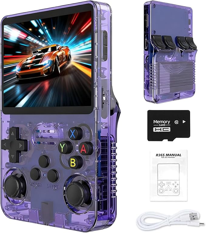 Retro Handheld Game Console R36S, 3.5-Inch HD IPS Screen 3200mAh Battery, 128G Built-in 20000+ Games 20+ Emulators, HDMI TV Output for Classic Game Play (Transparent Purple +128G)
