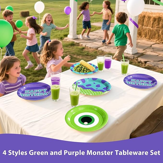 Grencian 60Pcs Monster Birthday Party Paper Plates -Monster Birthday Party Supplies 9" Disposable Green and Purple Cartoon Paper Plates for Monster Theme Par-ty Decorations