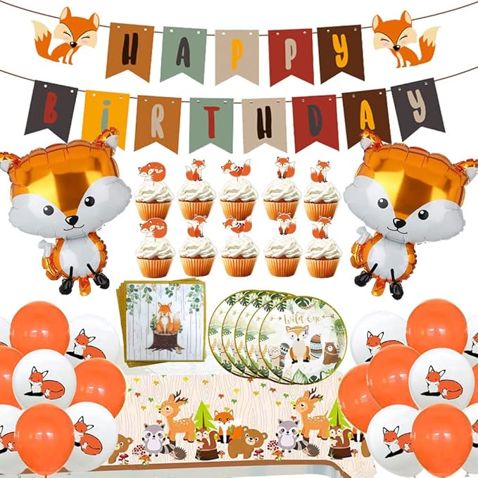 Fox Theme Birthday Party Supplies Decorations, 48PCS Fox Party Supplies Kit includes Fox Happy Birthday Banner, Fox Balloons and Various Party Tableware Supplies with Cartoon Fox