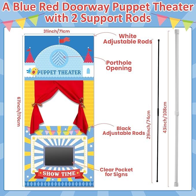 gisgfim Doorway Puppet Theater with 2 Adjustable Rods 31x67 In Blue Red Foldable Hanging Puppet Show Theater for Kids Pretend Play Hand Puppets Educational Kids Activities Toys Easy to Set Up Put Away
