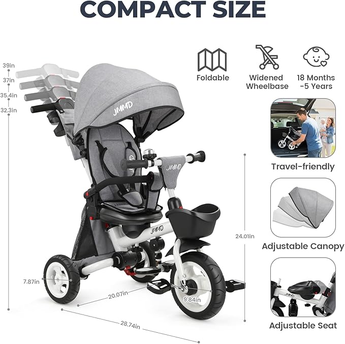 JMMD 8 in 1 Tricycle Stroller with Push Handle, Foldable Trike with 360° Swivel Seat, Reclining Backrest, All-Terrain Wheels, Dual Brakes, Canopy & Storage, Gift for Kids 18 Months to 5 Years, Gray