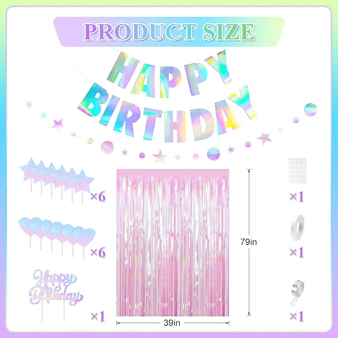 Mermaid Birthday Decorations for Girls Women, Iridescent Birthday Party Decorations, Happy birthday Banner, Pastel Balloons, Fringe Curtains, Star Garland, Cake Toppers for Under the Sea Party Decor