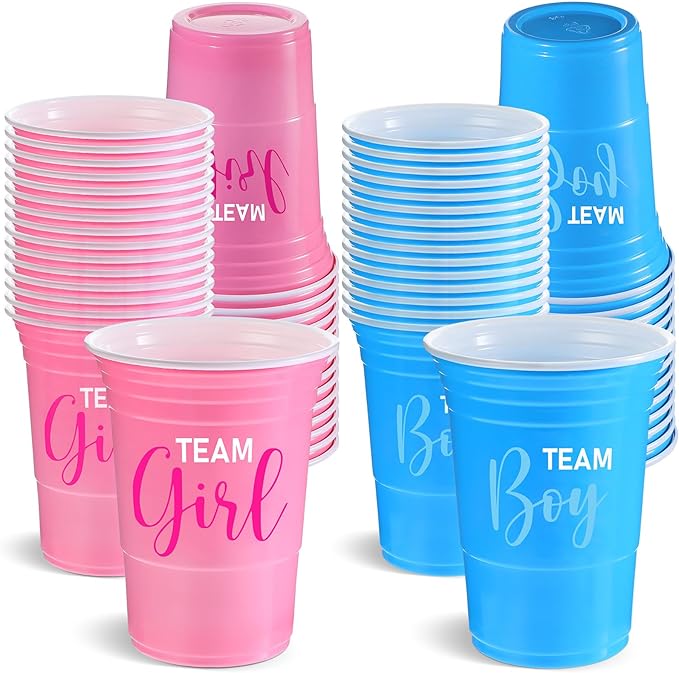 Norme 60 Pcs Gender Reveal Plastic Cups Gender Reveal Party Supplies Team Boy Team Girl Disposable Blue Pink Cups for Beverage Drink Tableware (16 oz)