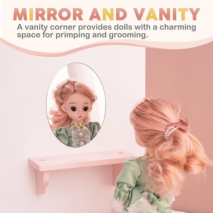 ROBUD Wooden Play Armoire Closet for Dolls, Doll Closet Furniture Wardrobe with 5 Hangers, Mirror, Velvet Curtains, Fits 16–20 Inch Dolls & Doll Clothes, Gift for Boys & Girls Ages 3+