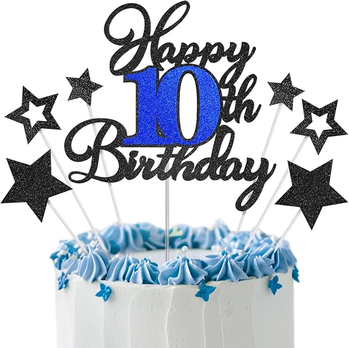 10th Birthday Cake Topper, Black Blue Happy 10th Birthday Cake Toppers for Boy Girl, 10 Years Old Birthday Party Supplies, Glitter Cake Decor, 10th Birthday Cake Decorations