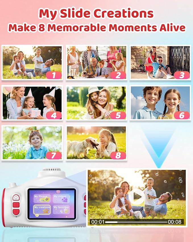 3 in 1 Kids Camera with Projector, 1080P Digital Video Camcorder, 48MP Photo Camera, Portable Toddler Camera Christmas Birthday Travel Gift Toy for Boys Girls Age 3 4 5 6 7 8 9 10 11 12, White