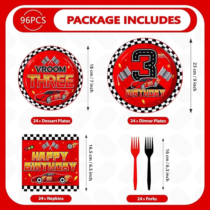 Grencian 96Pcs Red Race Car 3rd Birthday Party Decorations Supplies Hot Car Plates and Napkins Racing Themed Disposable Tableware Set for 3 years old Boys Transportation Birthday Party Serve 24
