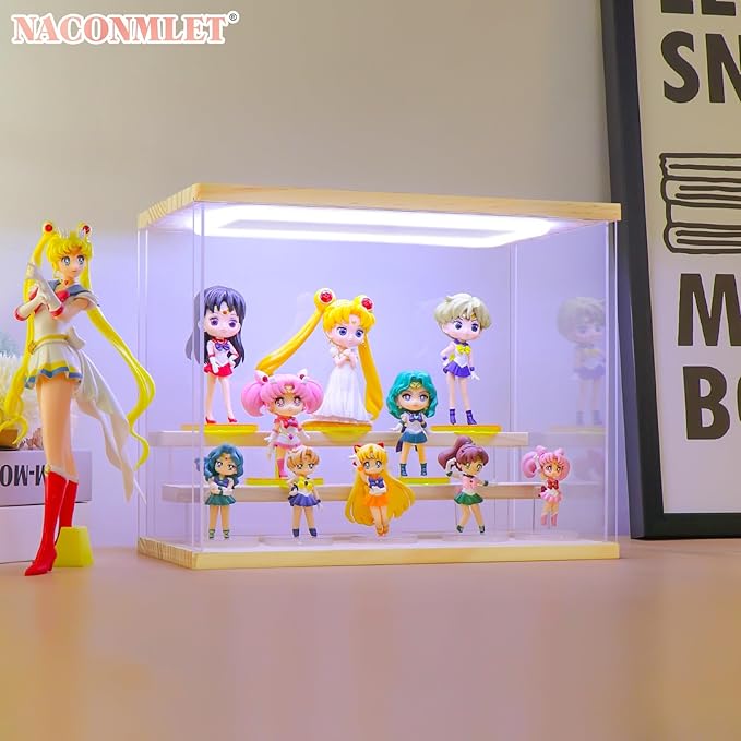 Clear Acrylic Display Case with LED Light for Figure Popmart Display-3 Tier Display Stand Dustproof Showcase Display Case for Collectibles(3 Tier-W*D*H-12.6"x7.5"x10.2"inches)