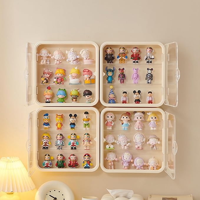 Clear Display Case for Figures, Wall-Mounted Doll Storage Box, Adjustable Display Stand with Door Dust and Moisture Proof Suitable for Lego Collectibles Action Figures Pop Mart (Cream)