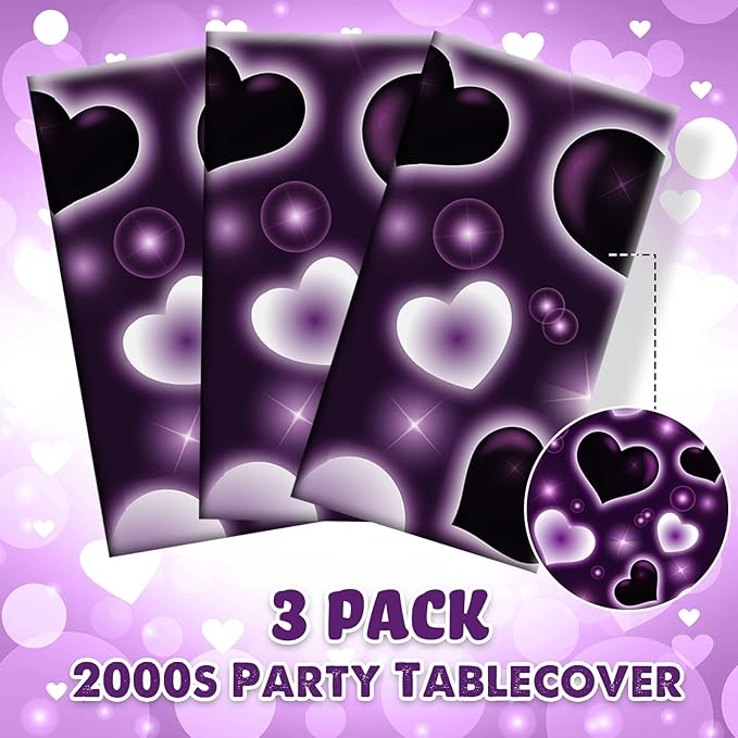 Tudomro 3 Pack 2000s Tablecloth Decoration 54 x 108 Inches Cholo Party Table Cover Y2k Party Decoration Heart Disposable Kpop Table Cloth for Birthday Supplies(Purple)