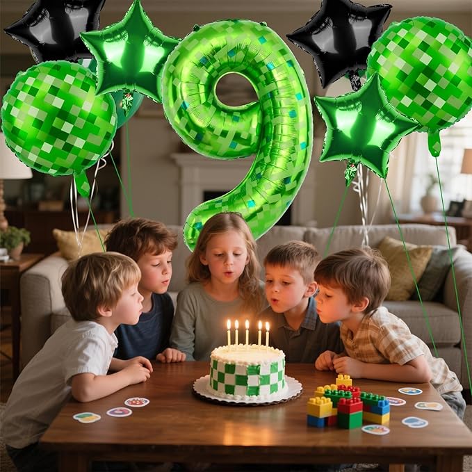 40 Inch Green Pixel Themed Number 9 Balloon Set Foil Balloon for Girls & Boys Birthday Party Decorations, Party Supplies & Favors (Number 9)