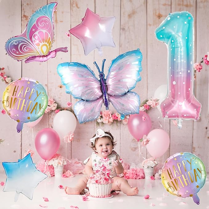 Butterfly Birthday Decorations, Butterfly Balloons, 1st Birthday Party Decorations for Girls, Fantasy Numbers 1 Foil Balloon for Princess Girl Aluminum Film Balloons Party Decor Supplies