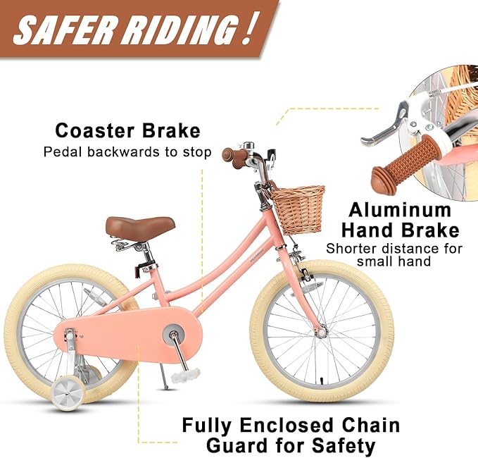 Petimini Vintage Kids Bike for Girls, 12–20 Inch Classic Bicycle with Wicker Basket & Bell, High Tensile Steel Frame, Training Wheels (12–18”), 85% Pre-Assembled, Retro Bike for Outdoor Riding