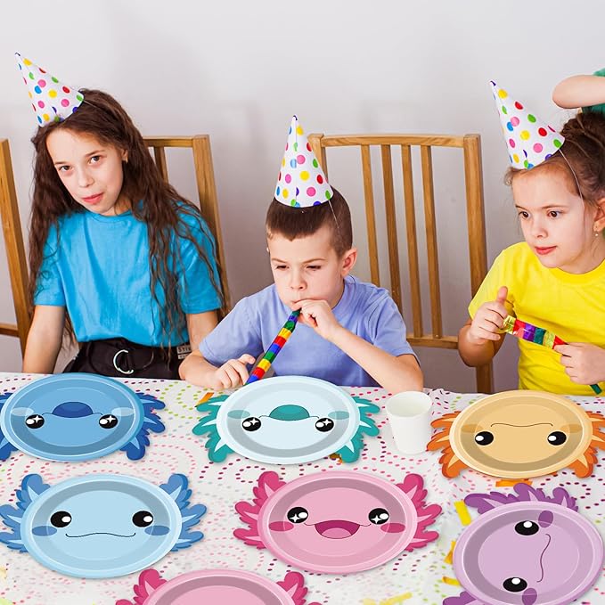 60Pcs Axolotl Shaped Birthday Party Decorations Reptile Animals 7 Inch Dessert Plates Tableware Cartoon Axolotl Dinner Paper Plates Dinnerware for Kids Boys Girls Party Baby Shower Supplies Favors