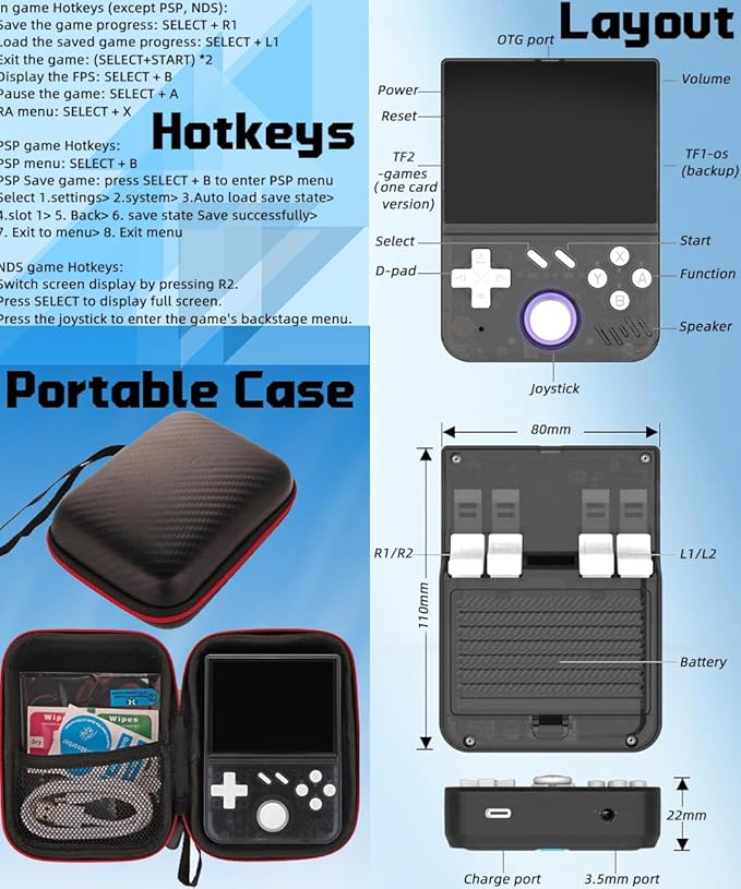 My Mini Handheld Game Console 3.5-in 640*480 IPS OCA Screen RK3326 4000mAh with Portable Case Black Transparent-64GB
