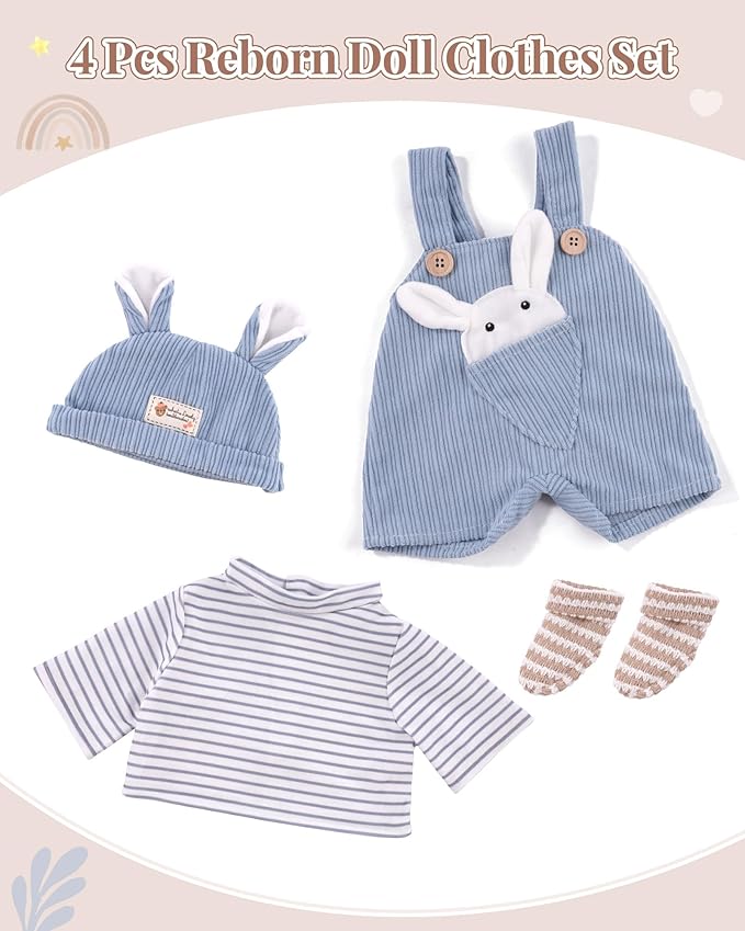BABESIDE 4-Piece Baby Doll Clothes for 15-18 Inch Dolls, Doll Outfit Accessories with Bunny Pattern fit Baby Dolls, Pretend Play Accessories Gift for Boys & Girls,Blue