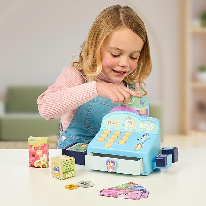 Bluey Cash Register Playset, Interactive Play Register with Detachable Scanner, Toy Credit Card, and Dollar Bucks, Shopping Toys for Kids Ages 3+