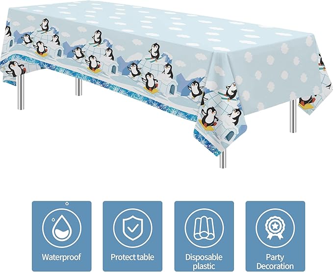 APOWBLS Penguin Birthday Decorations Tablecloth, 3 Pack Disposable Winter Penguin Party Supplies Table Cover for Birthday Baby Shower, 55in x 86in