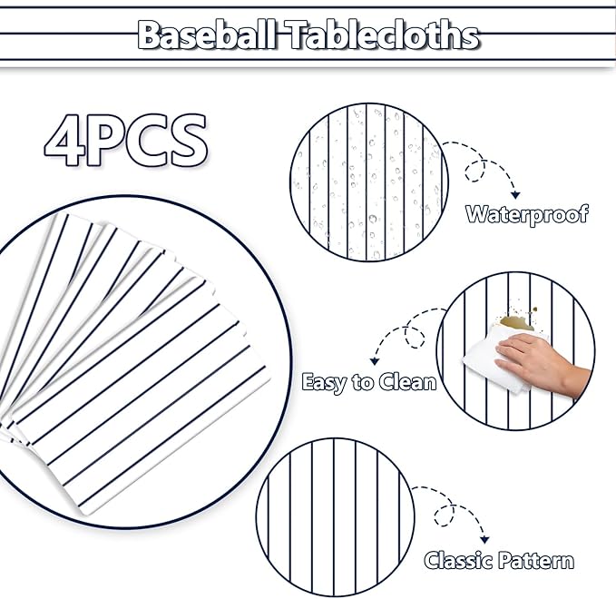 4 Pack Plastic Baseball Tablecloths, 51 x 86 Inches Rectangle Stripe Party Decorations for Game Day Baseball Theme Party Supplies
