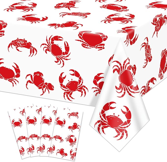 4 Pack Crab Tablecloths Plastic Red Lobster Crab Boil Table Cover for Birthday Party Decorations Seafood Festivals Potluck Barbecue Supplies, 87 x 51 inches