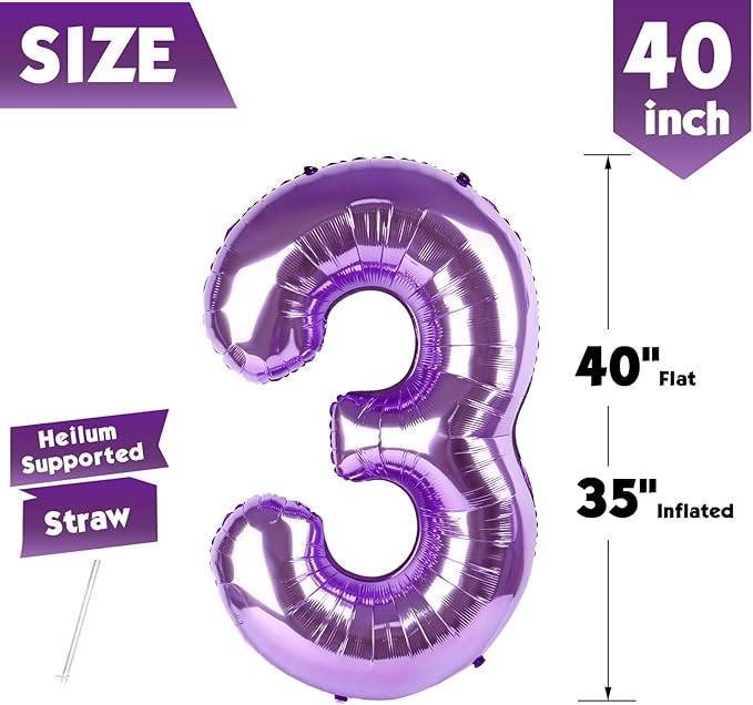 40 Inch Purple Number 3 Balloon, Giant 3 Number Balloons for 3rd Birthday Decorations, Party Supplies for Baby Boy Girl, Purple Party Decor