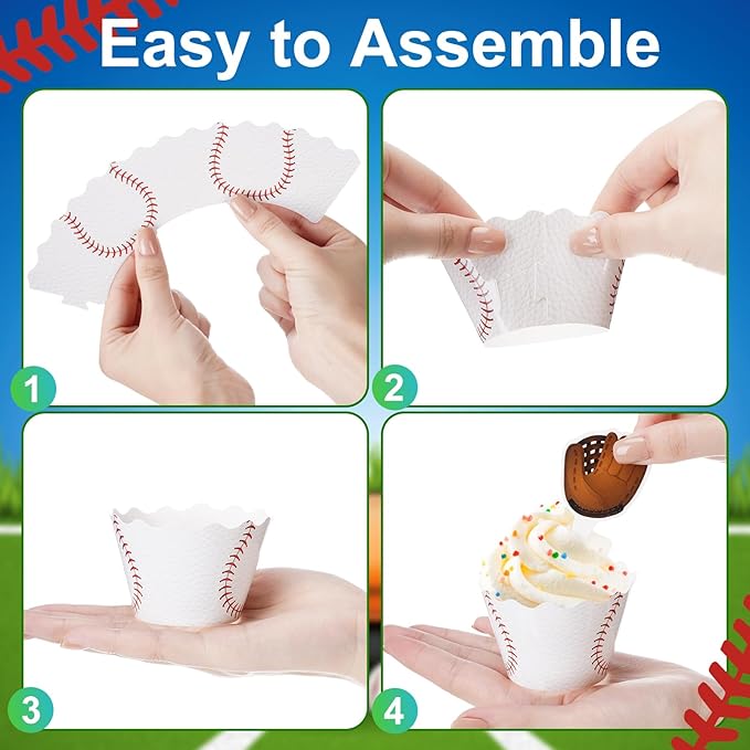 Nuenen 96 Pcs Baseball Cupcake Toppers and Wrappers Set Baseball Birthday Party Cupcake Decorations Sport Themed Cake Picks and Holders for Birthday Gathering Party Decoration Supplies (Retro)
