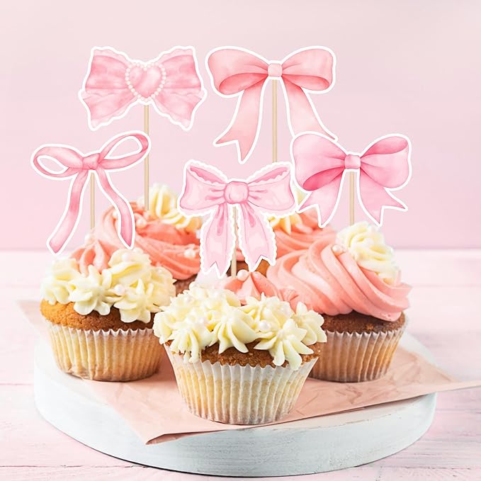 24PCS Coquette Bow Cupcake Toppers, Pink Bows Coquette Birthday Cake Decorations for Bachelorette Bridal Engagement Wedding Girl Baby Shower Bow Theme Party Décor