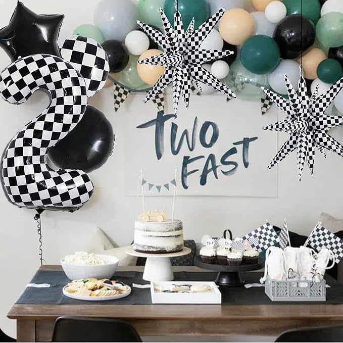 TONIFUL 40 Inch Checkered 2nd Birthday Balloons Set Number 2 Race Car Black White Checkered Round Explosion Star Balloons Boys Race Car Themed Birthday Party Decoraction