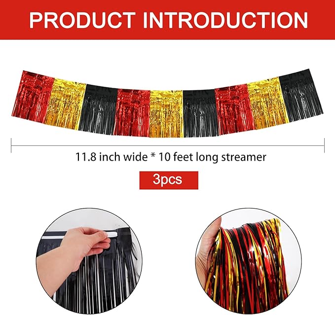 BEISHIDA 3 Packs Metallic Foil Fringe Garland Red Gold Black Wall Hanging Tinsel Fringe Banners for Car Floats Bridal Shower Wedding Birthday Graduation Holiday Party Decoration(30 Feet)