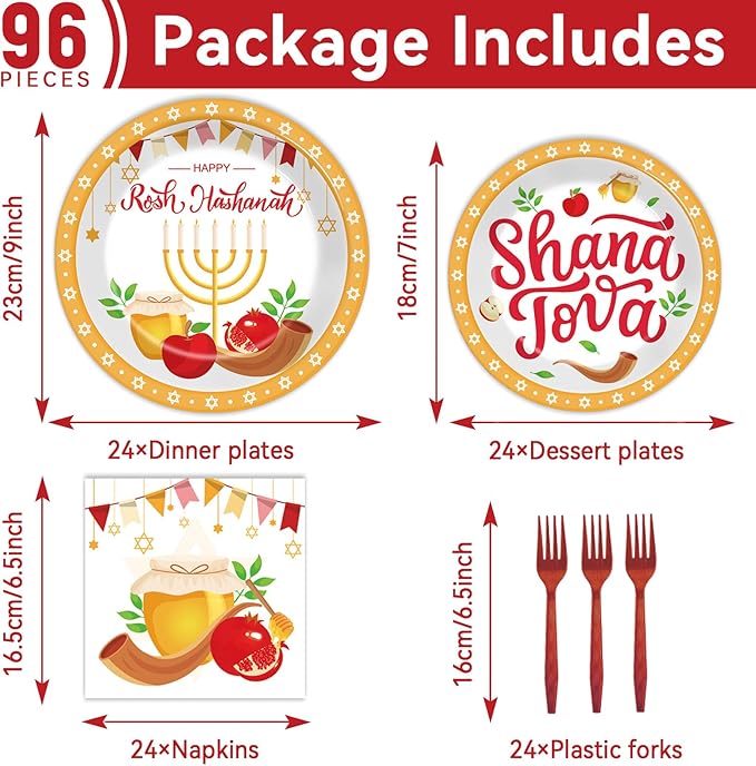 gisgfim 96 Pcs Rosh Hashanah Plates and Napkins Party Supplies Shana Tova High Holy Day Tableware Set Jewish New Year Party Decorations Favors for Kitchen Dining Room Serves 24