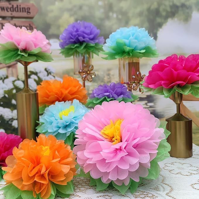 Mybbshower Colorful Fiesta Paper Flowers (9''-7'' Assorted) Set of 10 Outdoor Decoration Kids Birthday Carnival Rainbow Theme Party Backdrop Photo Booth Wall Decor