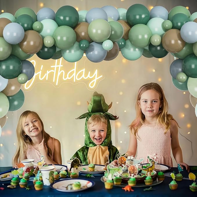 Blue Green Brown Balloons, 12 Inch Sage Pastel Green Balloon Dusty Blue Balloon for Dinosaur Woodland, Jungle Theme Birthday, Dino Baby Shower Decorations