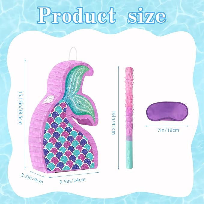 Hooqict Mermaid Tail Pinata with Pinata Stick & Blindfold for Girls Mermaid Party Games Decorations Under the Sea Ocean Themed Birthday Party Supplies
