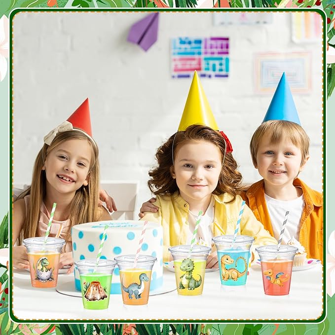 Boao 36 Sets Dinosaur Baby Shower Favors Watercolor Dinosaur Party Cups with Lids and Paper Straws 14 oz Dino Birthday Party Supplies Dino Disposable Clear Plastic Cups Bulk