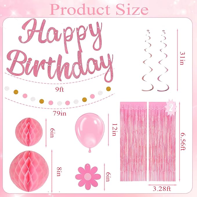 Pre-Strung Pink Birthday Decorations for Women Kits- Birthday Curtain Backdrop, Ballons, Glitter Banner with Honeycomb Balls, Stars Hanging Swirl Streamers, Circle Dots Garland