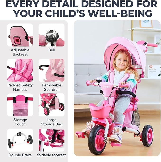 JMMD 8 in 1 Tricycle Stroller with Push Handle, Foldable Trike with 360° Swivel Seat, Reclining Backrest, All-Terrain Wheels, Dual Brakes, Canopy & Storage, Gift for Kids 18 Months to 5 Years, Pink