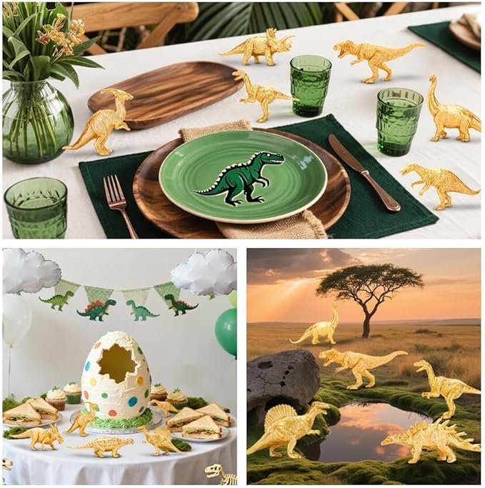 BOLZRA Metallic Gold Plastic Dinosaurs Figurine Toys, 12PCS Golden Dinosaur Figures for Boys Girls, Baby Shower, Bridal Shower Decorations, Kids Dino Themed Birthday Party Supplies Cake Topper