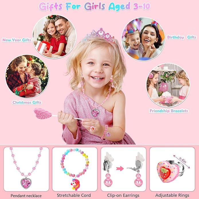 Kids Play Jewelry Sets, Princess Toys for Girls 4-6, 29 Pcs Little Girl Costume Jewelry, Unicorn Necklaces, Bracelets, Rings, Earrings, Dress Up Birthday Easter Gifts for Kids Pretend Play Party Favor