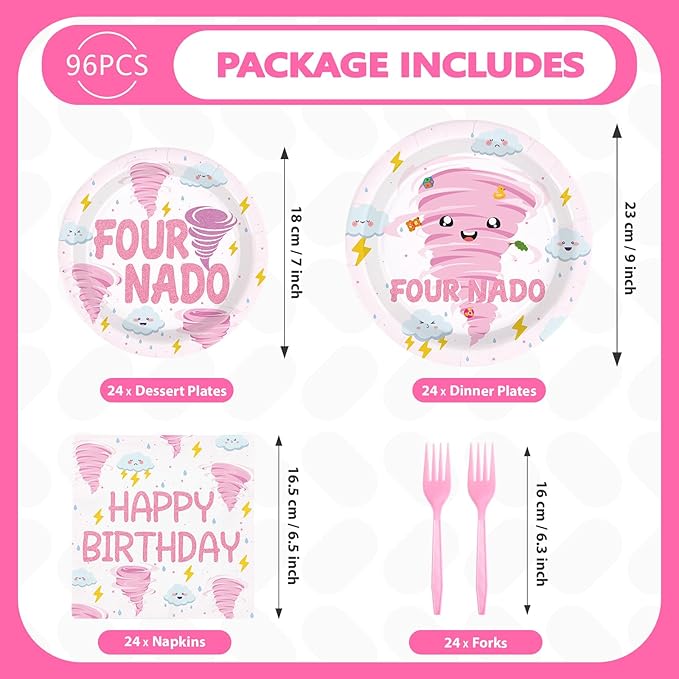 96 Pcs Fournado Birthday Party Decorations for Girl Pink Tornado 4th Birthday Plates and Napkins Tableware Set Four Nado Party Decor for Girls 4 Year Old Tornado Theme Baby Shower Supplies Serves 24