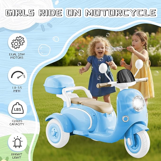 HEIMILI 12V Kids Electric Motorcycle for Girls, 3 Wheel Ride On Motorcycle for Kids 3-5 Years, Mini Battery Powered Motorbike with Bluetooth & MP3, Toddler Electric Ride On Toy, Blue