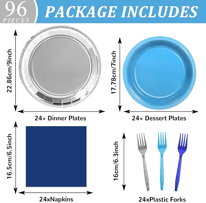 96Pcs Navy Blue and Silver Birthday Party Decorations Blue and Silver Paper Plates and Napkins Sets Navy Tablewares Dinnerwares for Men and Boys Birthday Baby Shower Party Supplies Favors 24 Guest