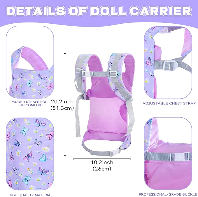 Baby Doll Carrier with Doll Accessories Doll Carrier for Kids, Reborn Doll Baby Carrier with Adjustable Straps for 16-22 Inch Baby Doll with Accessories, Purple