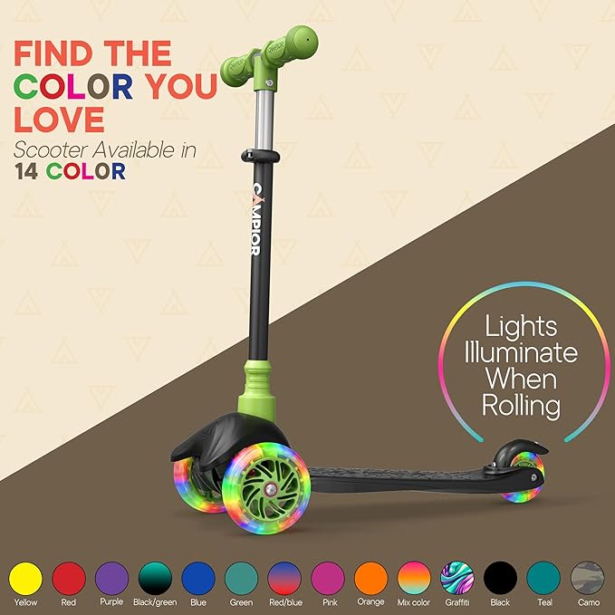 Black & Green Mini 3 Wheel Scooter for Kids – Lean-to-Steer with LED Light-Up Wheels, Adjustable Handlebar, Wide Anti-Slip Deck, Smooth PU Wheels, Rear Foot Brake – Toddler Scooter for Ages 2+