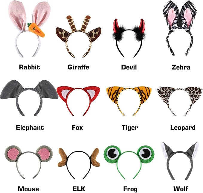 12 Pack Plush Animal Headbands for Party Favor, Jungle Animal Ear Horn Hair Hoop, Idea on Kid and Adult Birthday, Halloween decoration, Dress-Up Safari Themed Parties Supplies, Christmas Gift
