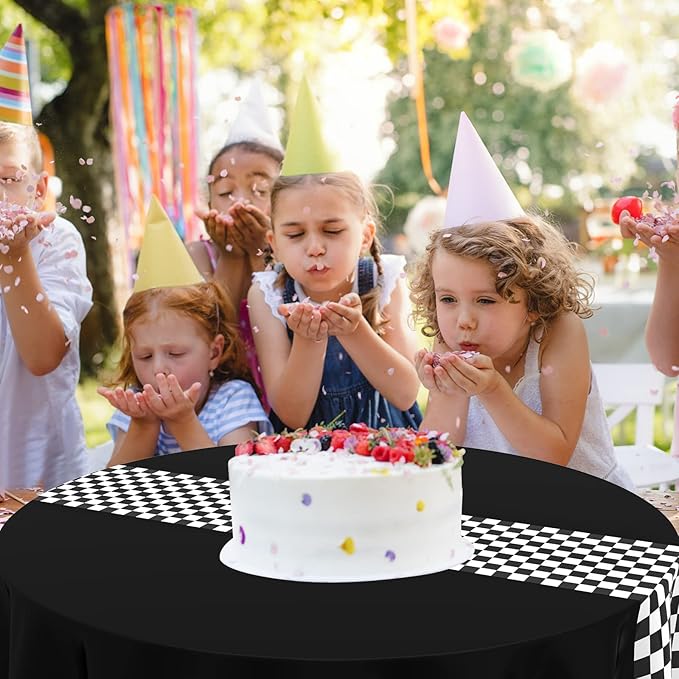 Oudain 6 Pcs Cars Birthday Party Supplies Racing Party Decorations Round Racing Tablecloth Checkered Flag Table Covers Road Plastic Table Cloth, 1950s Disco Dancing Party Tablecloth (Black)