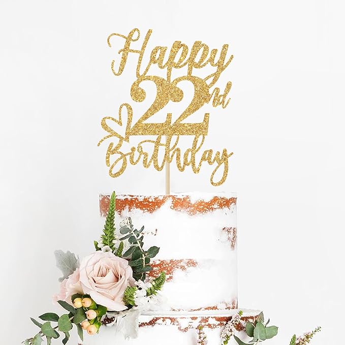 Gold Glitter Happy Birthday Cake Topper, Funny 22nd Birthday Party Supplies