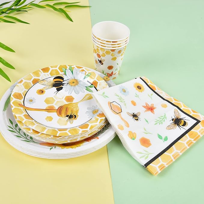 WERNNSAI Bee Birthday Decorations - 64 PCS Bee Plates Napkins and Cups Honeybee Baby Shower Decorations Paper Plates Cups Napkins Dinnerware for Kids Boys Girls Birthday Serves 16 Guests