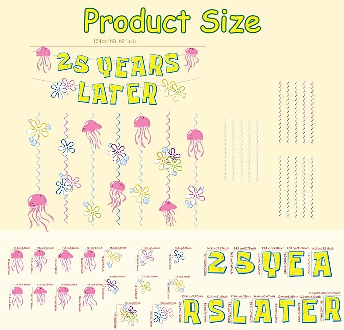 25 Years Later Birthday Banner Carton Sponge Banner Jelly Fish Hanging Swirls Garlands Sea Animals Hanging Banner for Birthday Party Decorations Supplies Party Favors